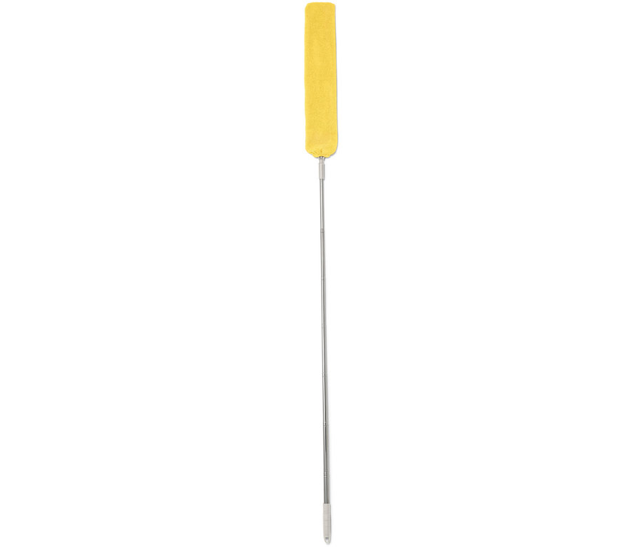 Plumeau jaune avec manche argenté sur fond blanc.