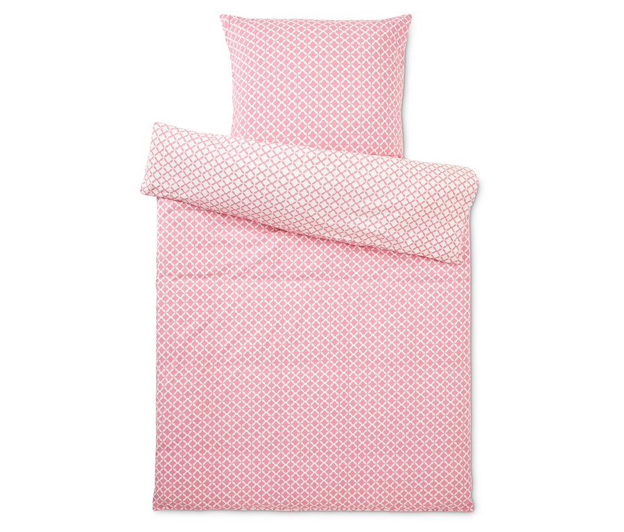 Ensemble de literie avec motif géométrique rose et blanc, composé d'une taie d'oreiller et d'une housse de couette.