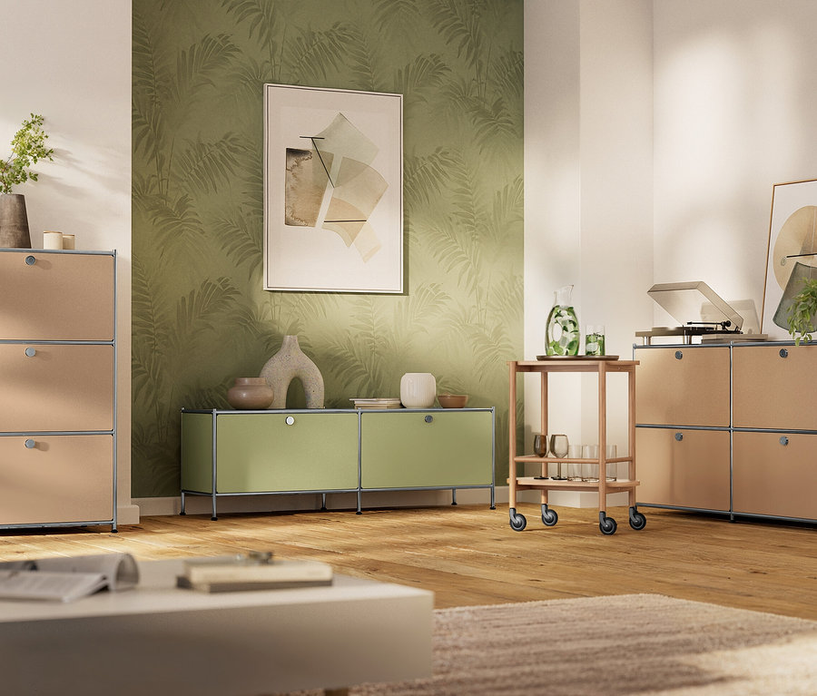 Salon avec des meubles USM beiges et vert lime, dont des étagères et un chariot de service, sur un plancher en bois.