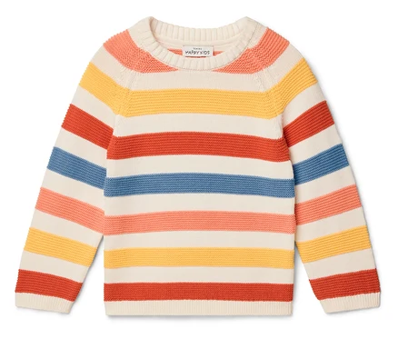 Pull rayé blanc, jaune, rouge, bleu et rose.