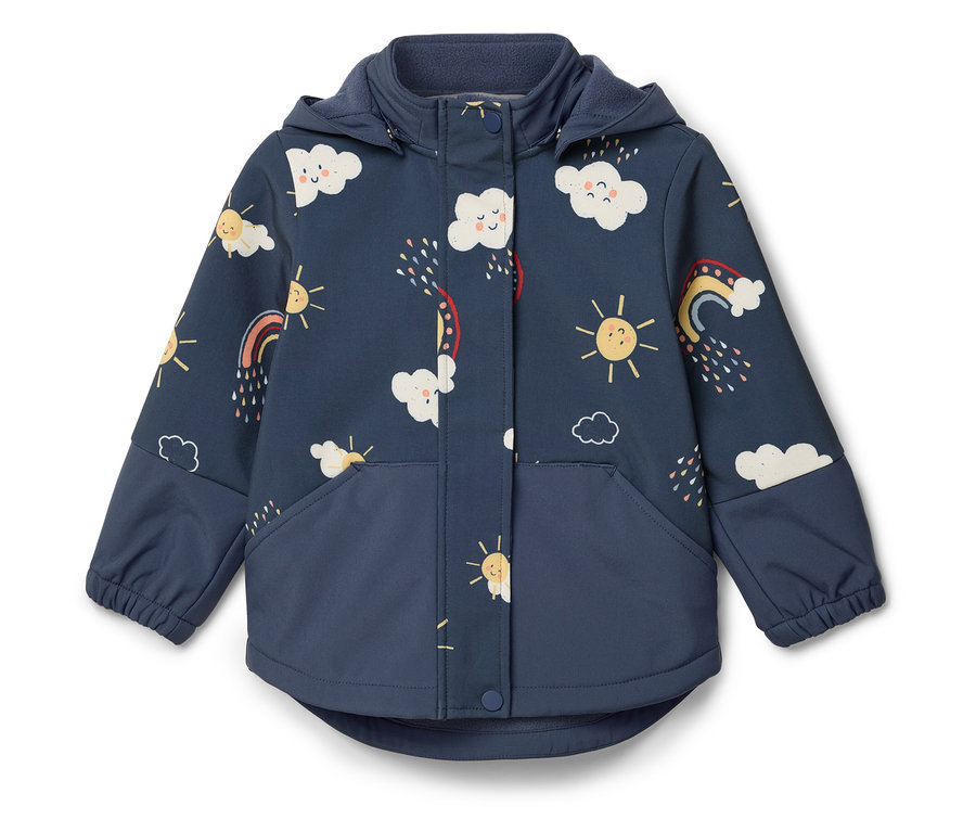 Veste enfant bleu marine à capuche, ornée de motifs de nuages, de soleil et d'arc-en-ciel.