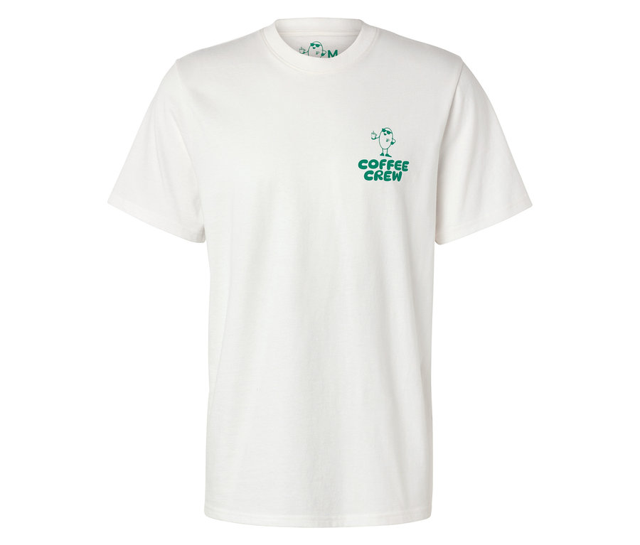 T-shirt unisexe blanc Coffee Crew avec petit imprimé vert.