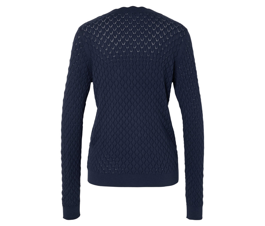 Gilet bleu marine en tricot à motif ajouré, photographié de dos.