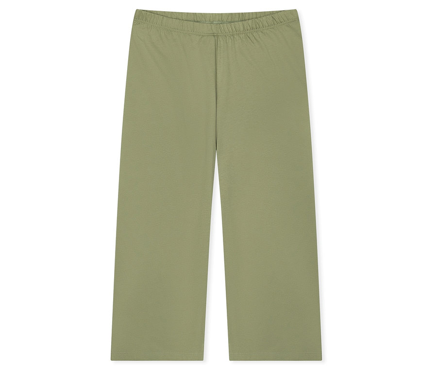 Pantalon large en tissu vert olive avec ceinture élastique, posé sur un fond blanc.