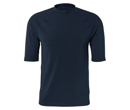 T-shirt bleu marine à col rond et manches courtes sur fond blanc.