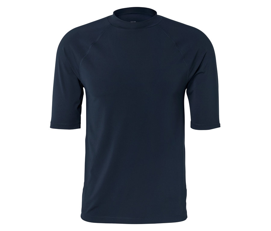 T-shirt bleu marine à col rond et manches courtes sur fond blanc.