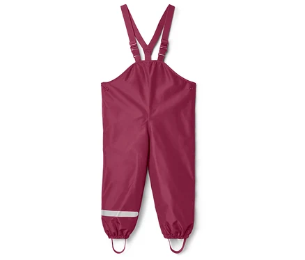 Pantalon de pluie bordeaux à bretelles avec bande réfléchissante et élastique au bas des jambes.