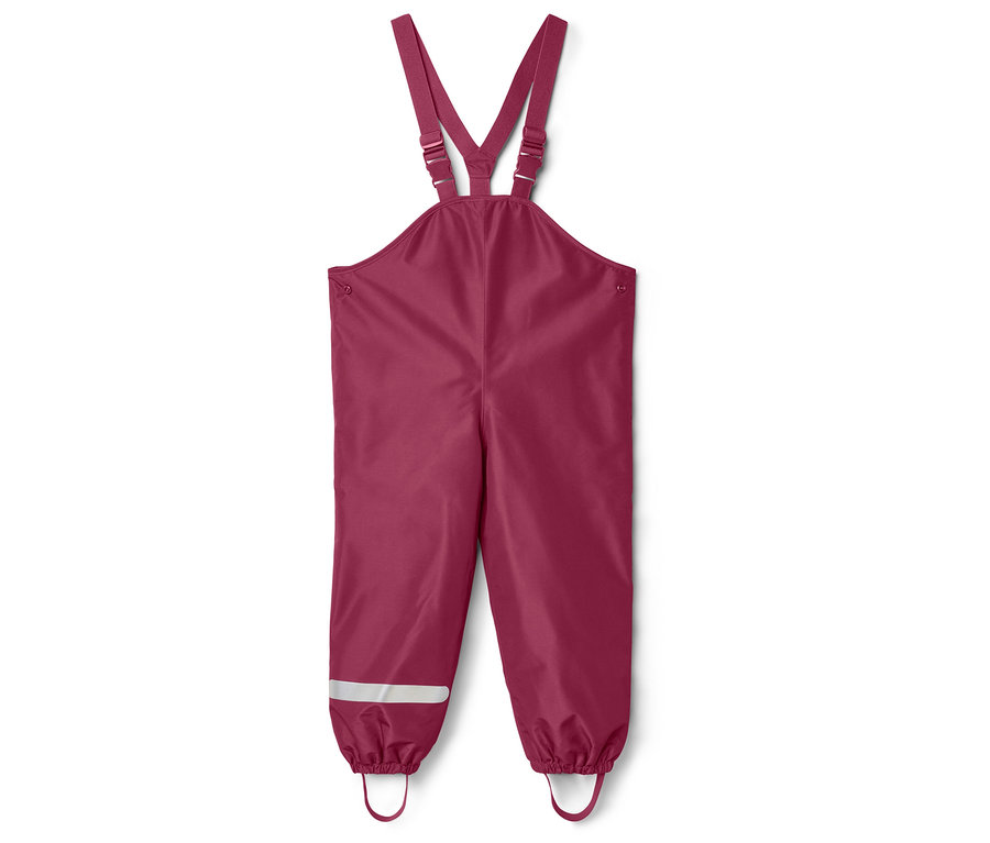 Pantalon de pluie bordeaux à bretelles avec bande réfléchissante et élastique au bas des jambes.