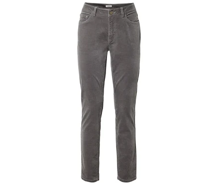 Pantalon en velours côtelé gris avec jambe droite, poches avant et arrière et fermeture boutonnée.