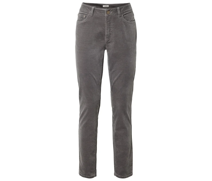 Pantalon en velours côtelé gris avec jambe droite, poches avant et arrière et fermeture boutonnée.