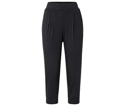 Pantalon noir avec ceinture élastique et détails froncés.