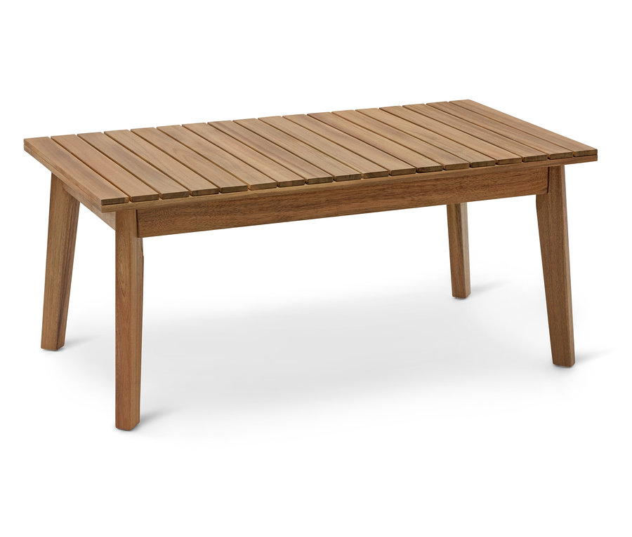 Une table basse rectangulaire en bois avec un plateau à lattes et quatre pieds se dresse sur un fond blanc.
