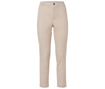 Pantalon beige et blanc rayé avec un bouton.