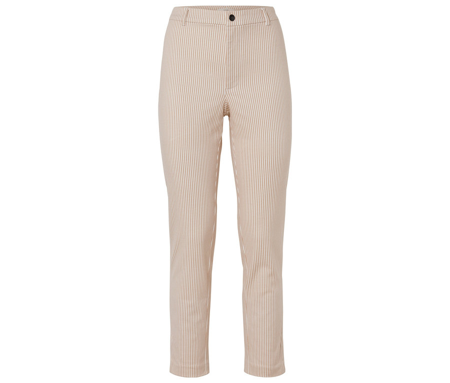 Pantalon beige et blanc rayé avec un bouton.