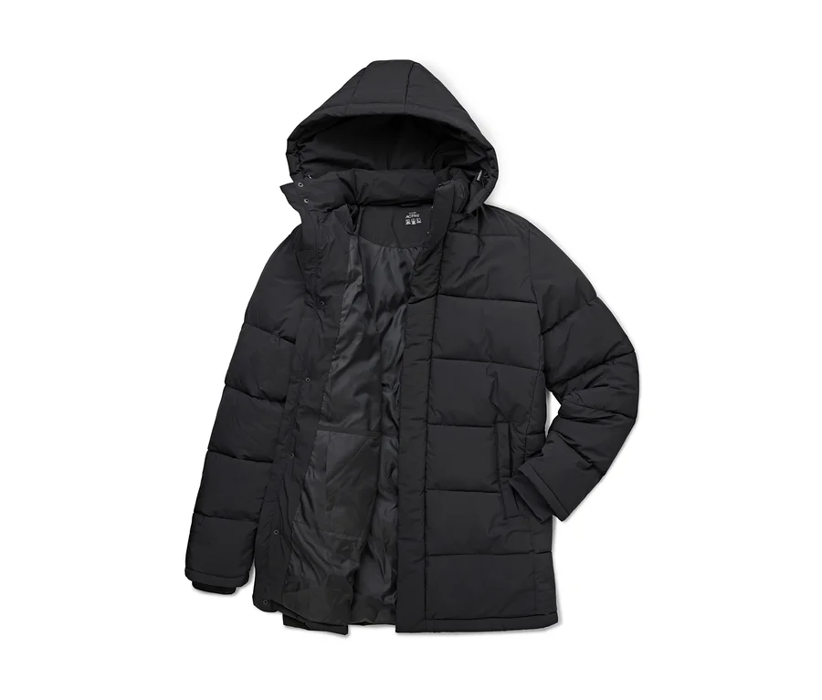 Doudoune noire à capuche, ouverte, laissant apparaître sa doublure intérieure.