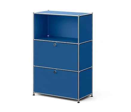 Meuble de rangement modulaire bleu avec un cadre chromé. Il possède une étagère ouverte en haut et deux tiroirs fermés avec des poignées rondes chromées en bas.