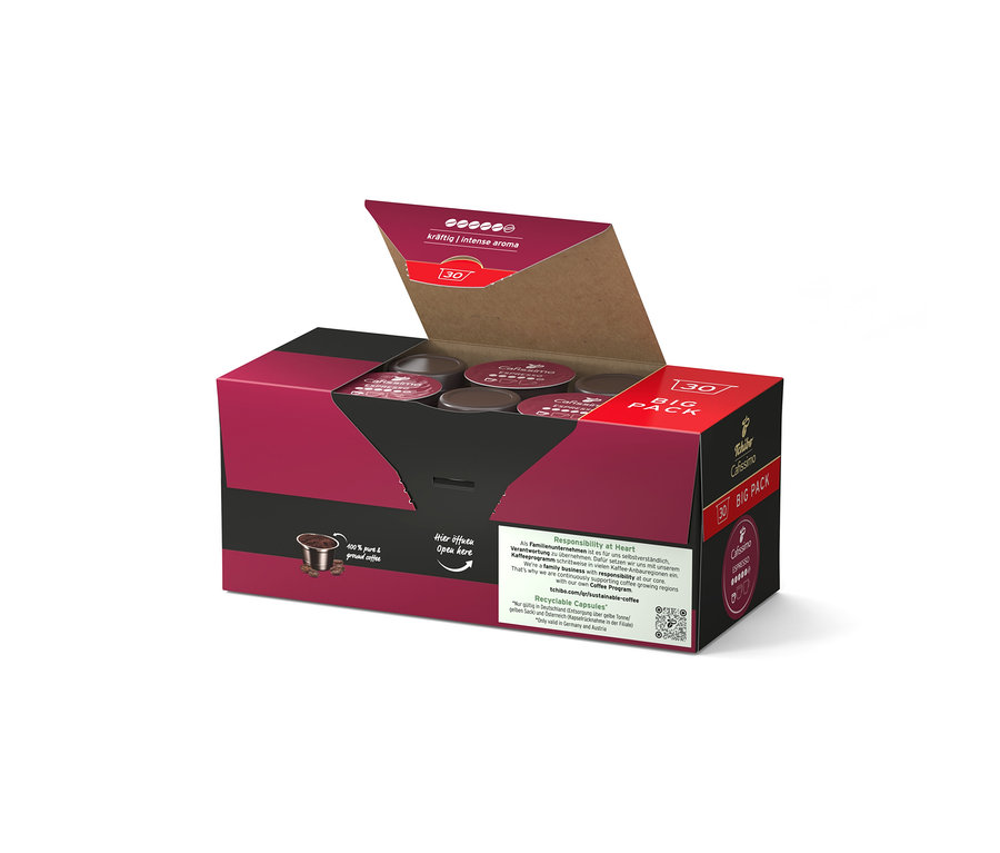 Boîte ouverte rouge foncé et noire de 30 capsules de café Cafissimo à l'arôme intense. Plusieurs capsules sombres sont visibles.