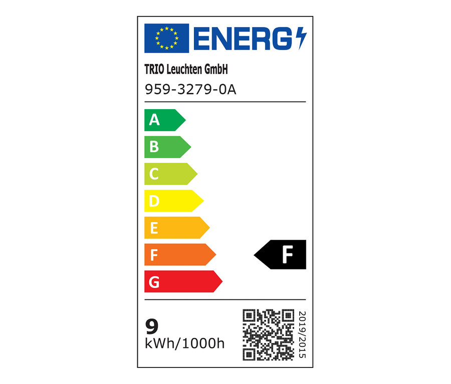Étiquette énergétique pour TRIO Leuchten GmbH, modèle 959-3279-0A, indiquant la classe d'efficacité énergétique F et une consommation de 9 kWh pour 1000 heures.