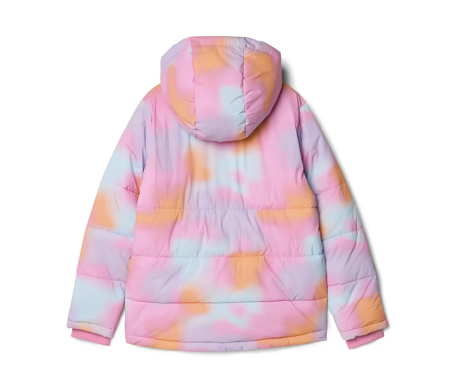 Vue de dos d'une doudoune avec un motif tie-dye rose, orange, bleu clair et violet, dotée d'une capuche et de poignets côtelés.