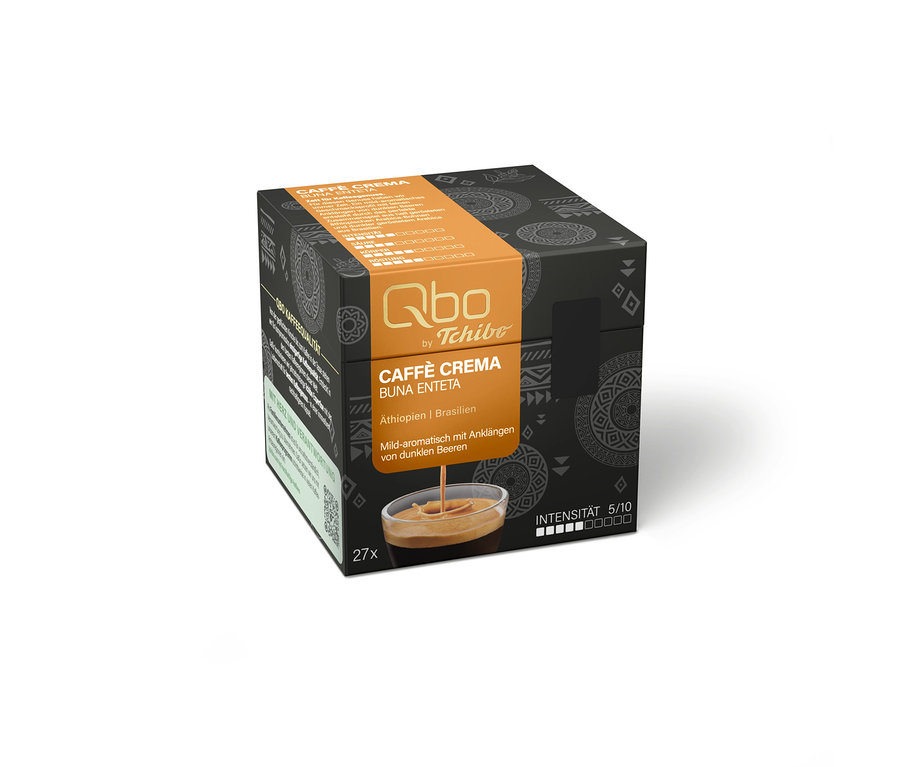 Boîte noire de capsules de café Qbo by Tchibo Caffè Crema Buna Enteta avec bande orange, mention Éthiopie/Brésil, intensité 5/10 et 27 capsules.