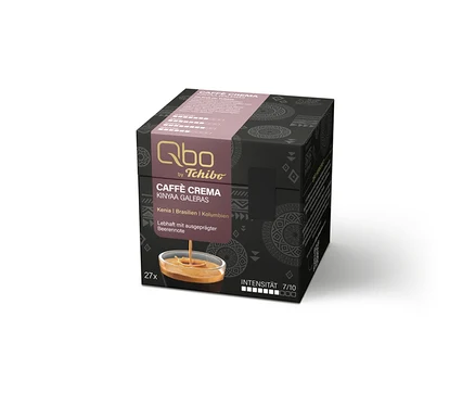 Boîte noire de capsules de café Qbo by Tchibo Caffè Crema Kinyaa Galeras, 27 capsules, intensité 7/10. Origine : Kenya, Brésil, Colombie, avec une note de baies.