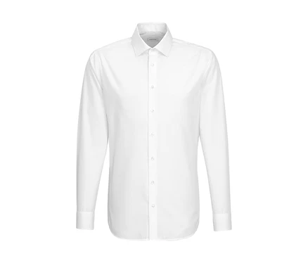Chemise Seidensticker blanche à manches longues, col classique et boutons blancs, posée à plat.