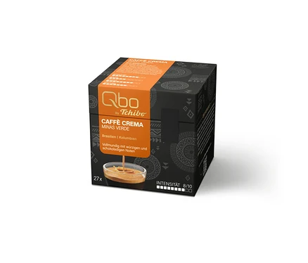 Boîte noire et orange de Qbo Caffè Minas Verde, 27 capsules, avec image de café versé dans une tasse et intensité 8/10.