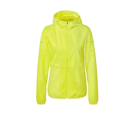 Veste de pluie jaune vif à capuche avec fermeture éclair.