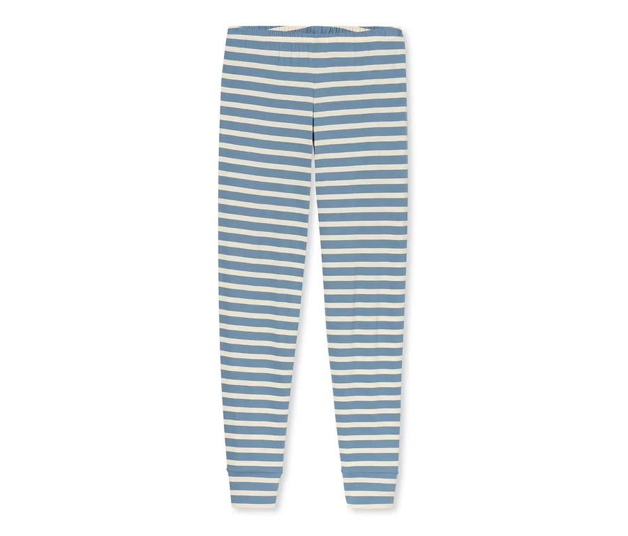 Legging rayé bleu et blanc cassé avec taille élastique et poignets côtelés.