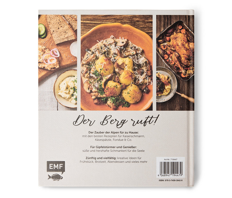 Livre de cuisine avec des photos de plats, notamment des pommes de terre à la sauce aux champignons, du pain avec des légumes et du poulet rôti.