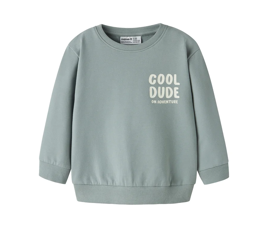 Sweat-shirt pour enfant NAME IT bleu-vert clair avec l'inscription « COOL DUDE ON ADVENTURE » sur le devant.