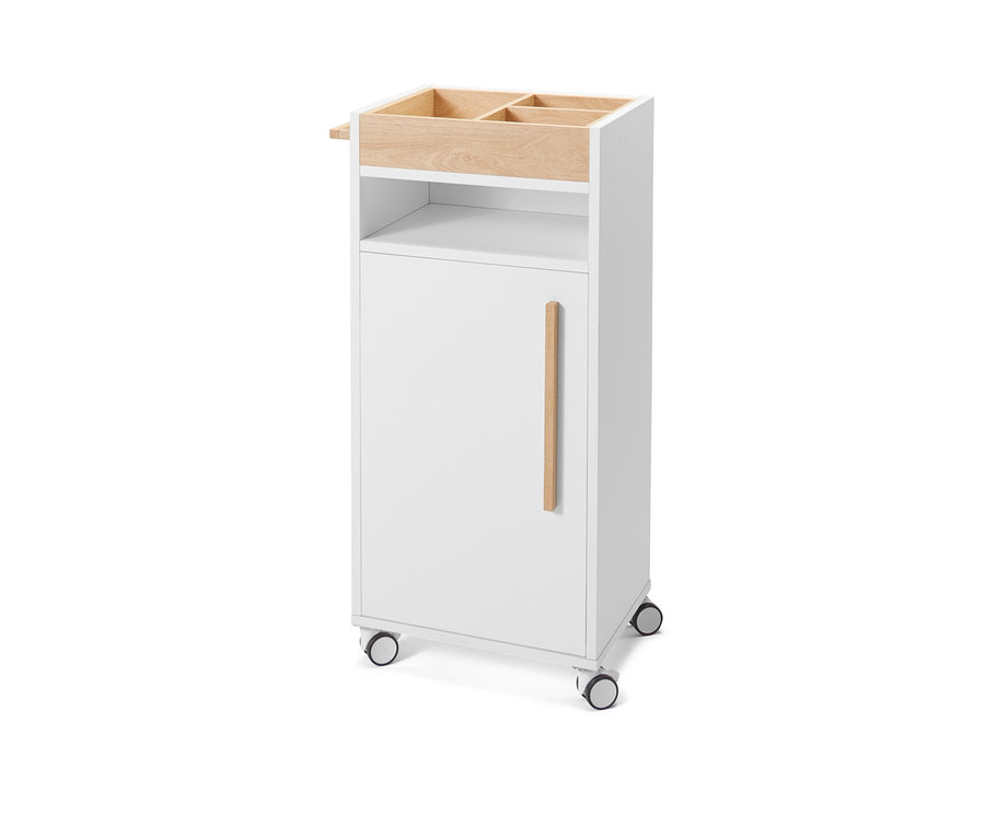 Chariot d’appoint pour salle de bains «Eklund» blanc avec détails en bois et roulettes.