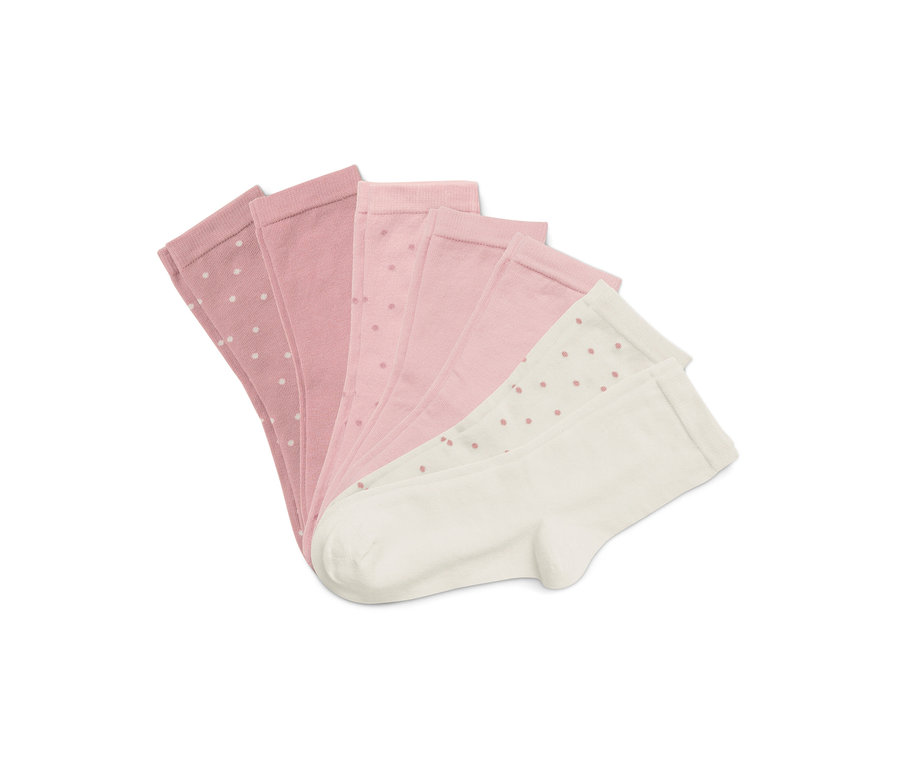 Cinq chaussettes disposées en éventail sur un fond blanc. Les chaussettes sont roses et blanches à pois.