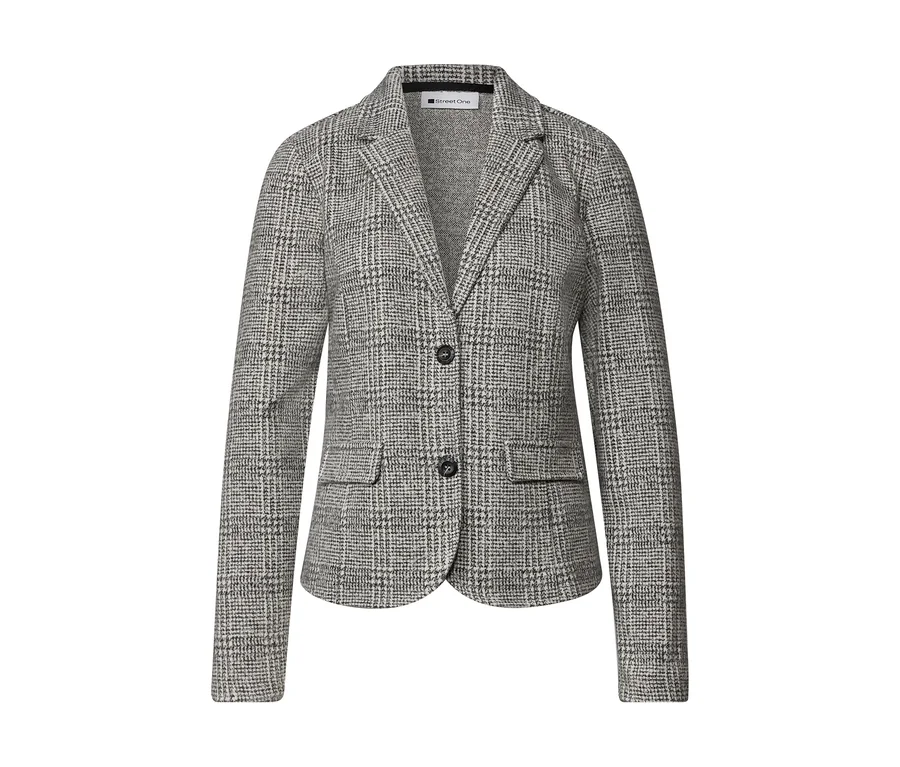 Blazer Street One à carreaux gris et blanc, avec deux boutons noirs et deux poches avant.