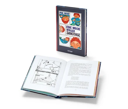 Livre « Das Sams – une semaine pleine de samedis » et un livre ouvert avec des illustrations.