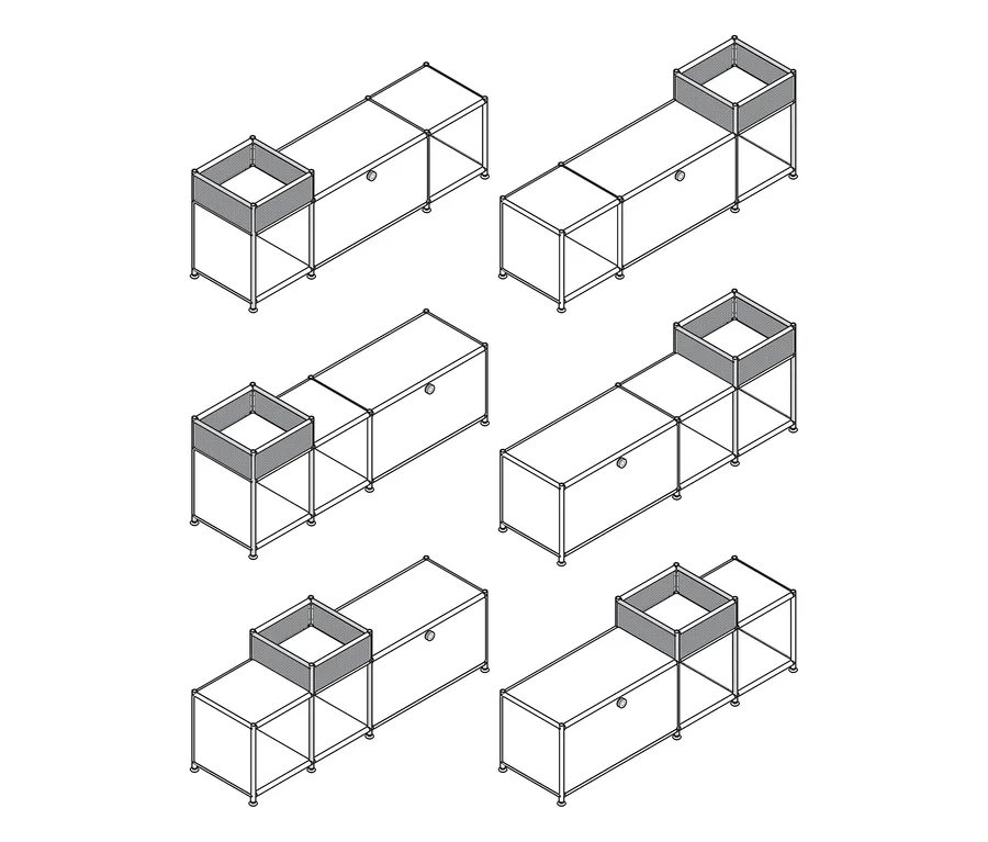 Six dessins isométriques au trait montrent différentes configurations modulaires du meuble bas en métal « CN3 » avec compartiment à abattant et un module supérieur ouvert.