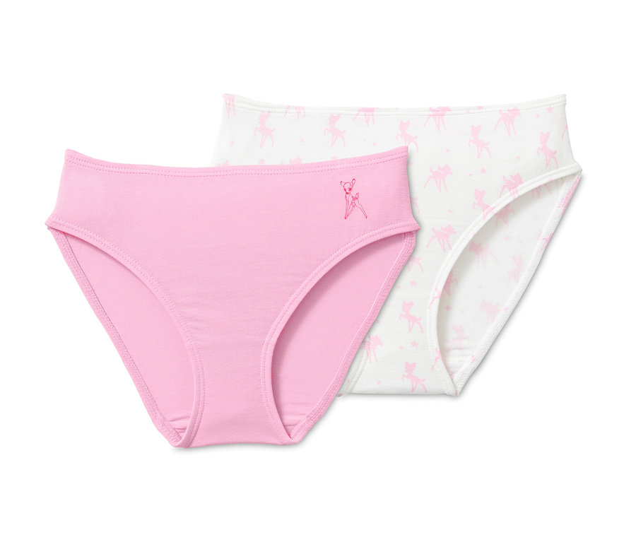 Deux slips « Disney », un rose avec un motif Bambi, un blanc avec un imprimé Bambi.