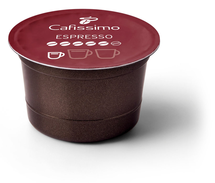 Gros plan sur une capsule marron Cafissimo Espresso kräftig (corsé) avec un couvercle bordeaux.