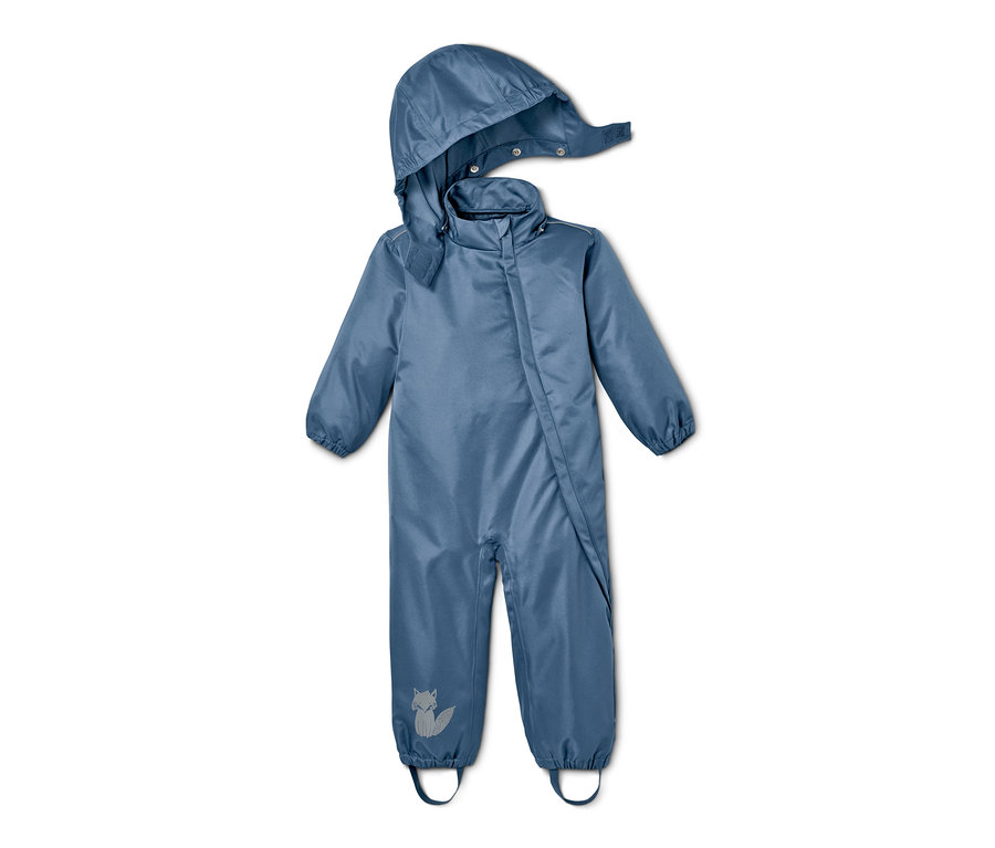 Combinaison de pluie bleue avec capuche et motif de renard réfléchissant.