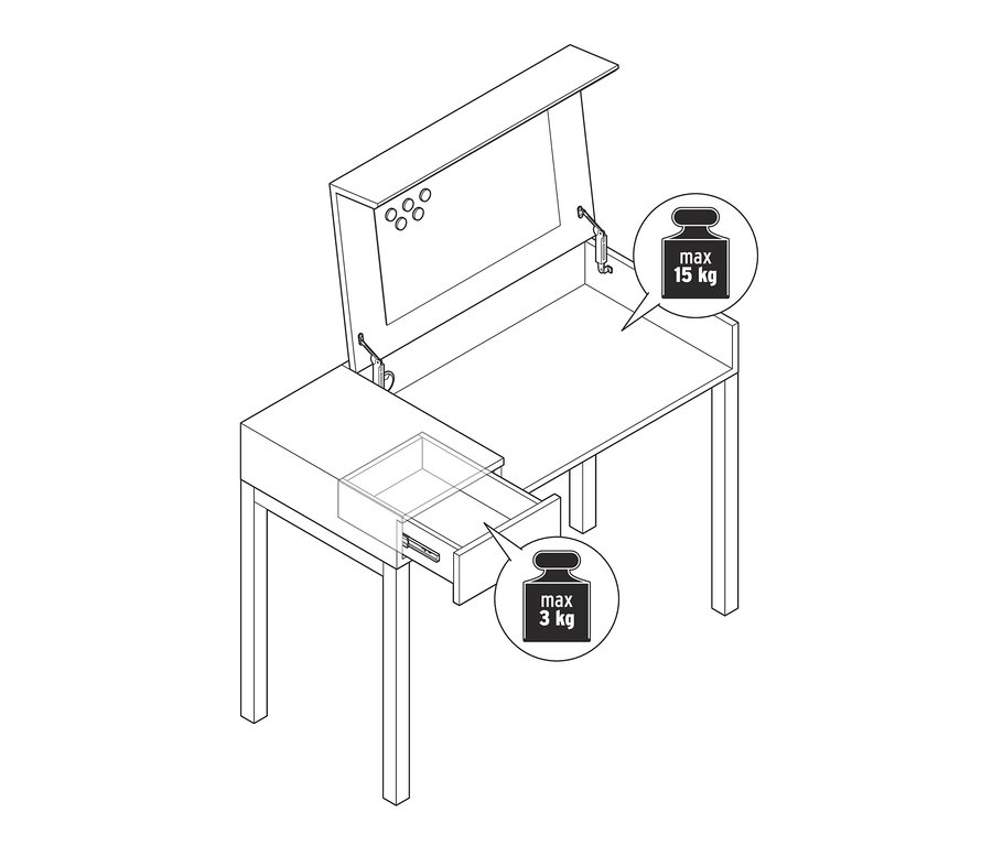Schéma d'un bureau-console avec plateau relevable, avec tiroir et partie supérieure ouverts.