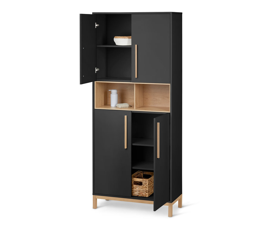 Une armoire haute de salle de bain « Eklund » anthracite avec des portes ouvertes et fermées.
