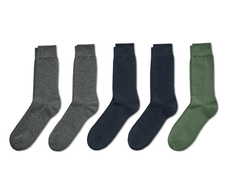 Cinq paires de chaussettes en gris, bleu marine et vert olive.