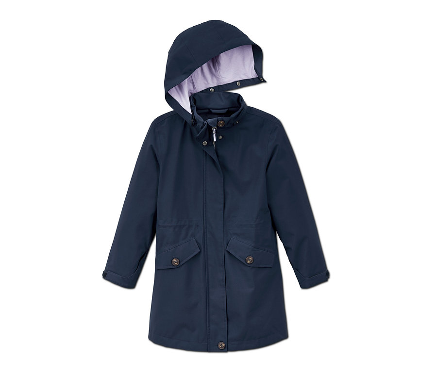 Trench-coat bleu foncé pour tous les temps avec capuche et matériaux recyclés.