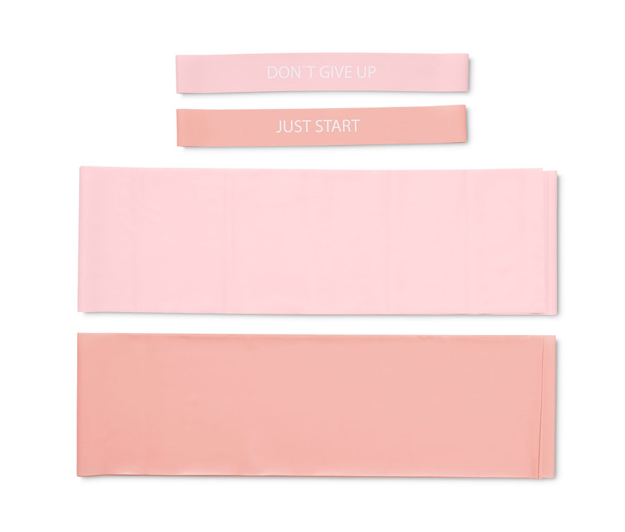 Deux bandes de fitness et deux mini bandes posées sur un fond blanc.