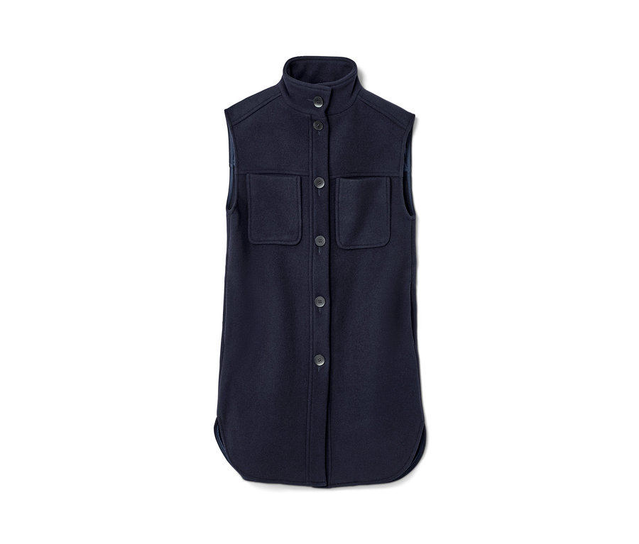 Gilet-manteau bleu marine NAH/STUDIO en laine recyclée avec boutons et poches.