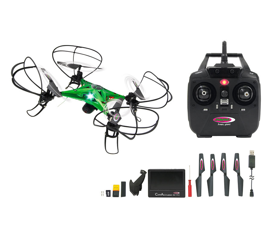 Quadricoptère vert Jamara CamAlu Altitude FVP AHP 2,4 GHz avec protections d'hélice noires et télécommande. Les pièces de rechange sont présentées en bas.