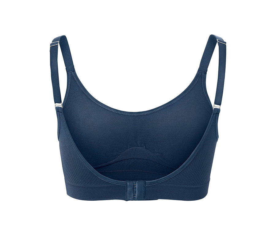 Gros plan d'un soutien-gorge de sport sans coutures bleu foncé.