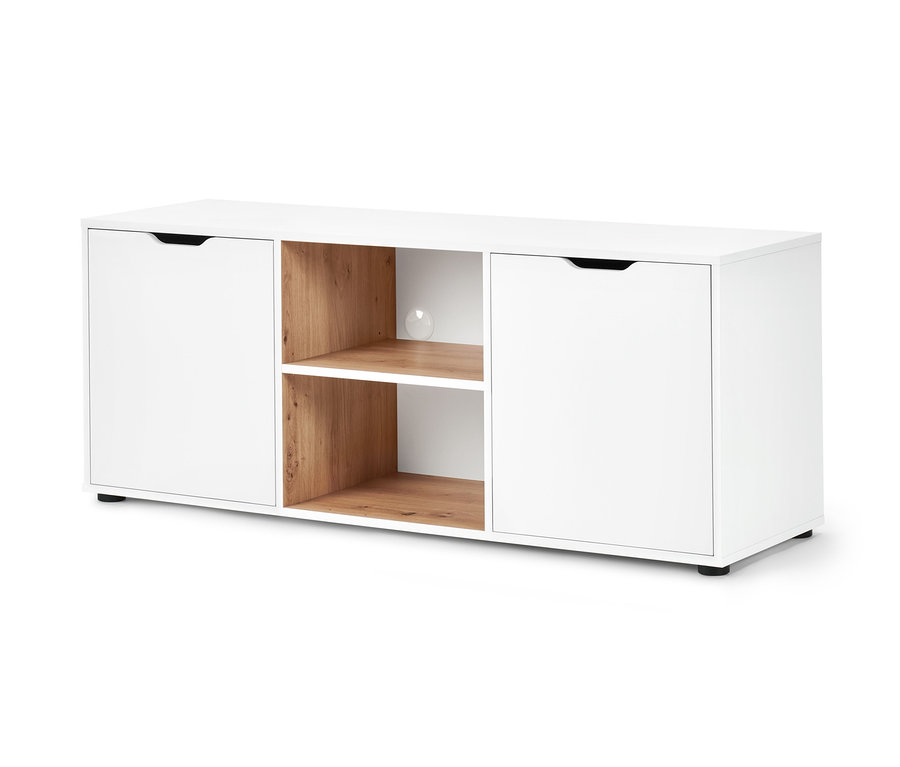 Buffet avec tiroirs blanc et étagères en bois.