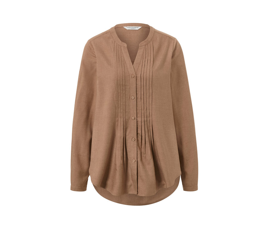 Chemisier-tunique marron à manches longues avec boutons.