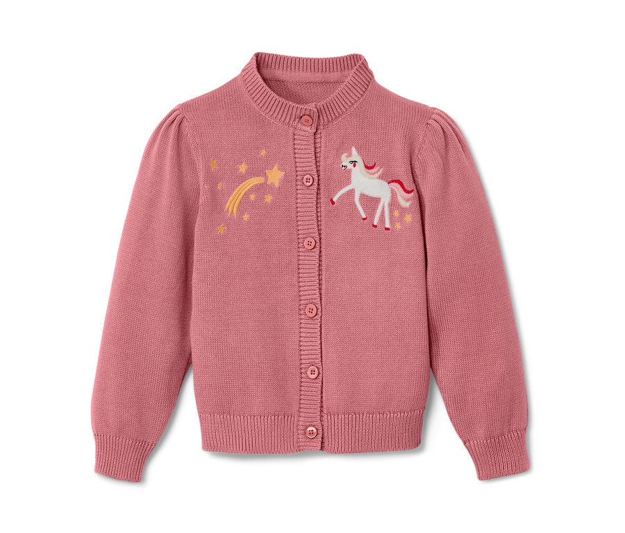 Jaquette en maille rose pour enfant avec broderie de licorne et d'étoiles.